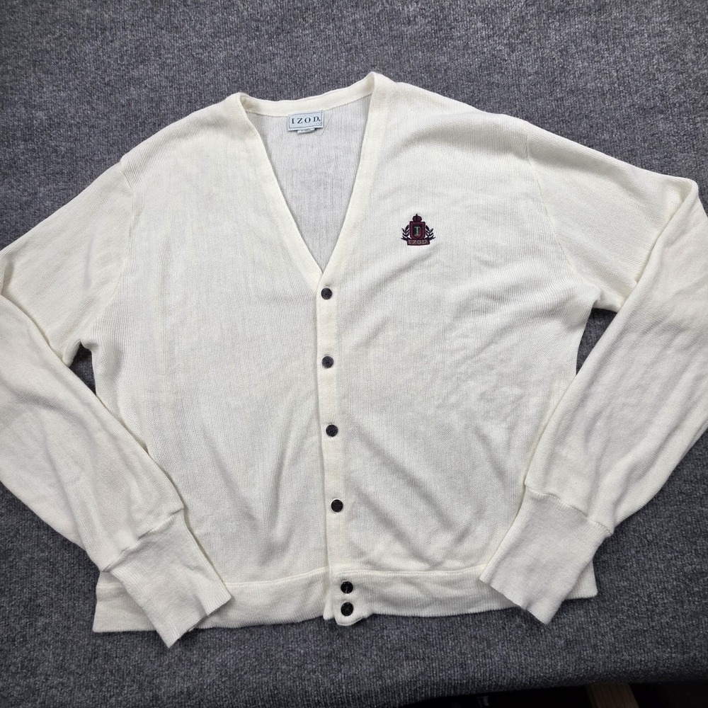 Vintage‎ Izod Cardigan Sweater Mens XL Cream Knit V Neck Crest College  Preppy